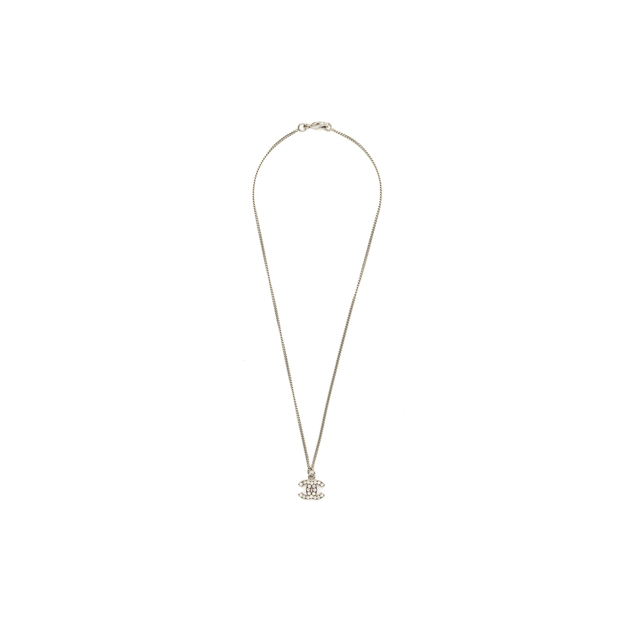 Chanel CC Logo Necklace Crystal Silver Tone