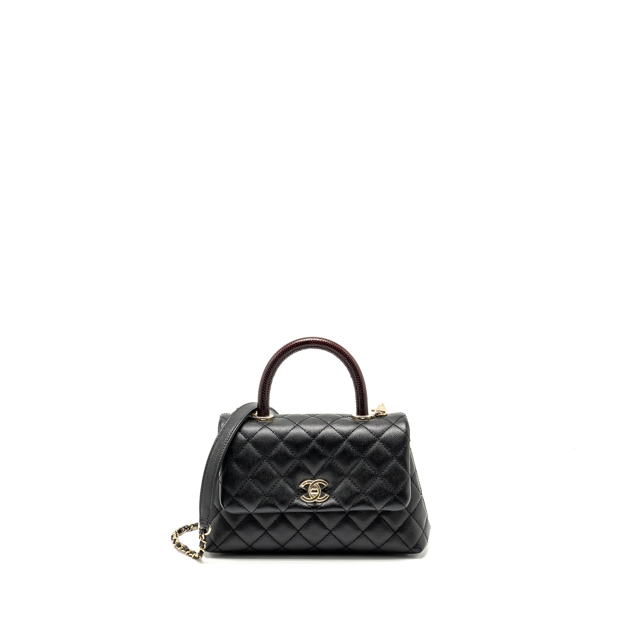 Chanel Small Coco Handle with Lizard Embossed Handle Caviar Black L