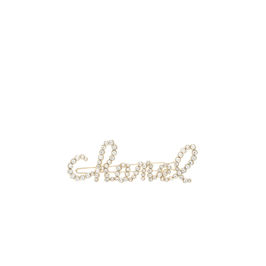 Chanel Letter crystal and pearl hair clip light gold tone