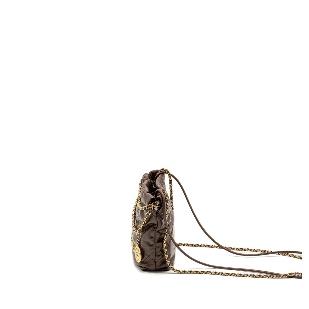 Chanel Mini 22 Bag Shiny Calfskin Chocolate  (microchip)