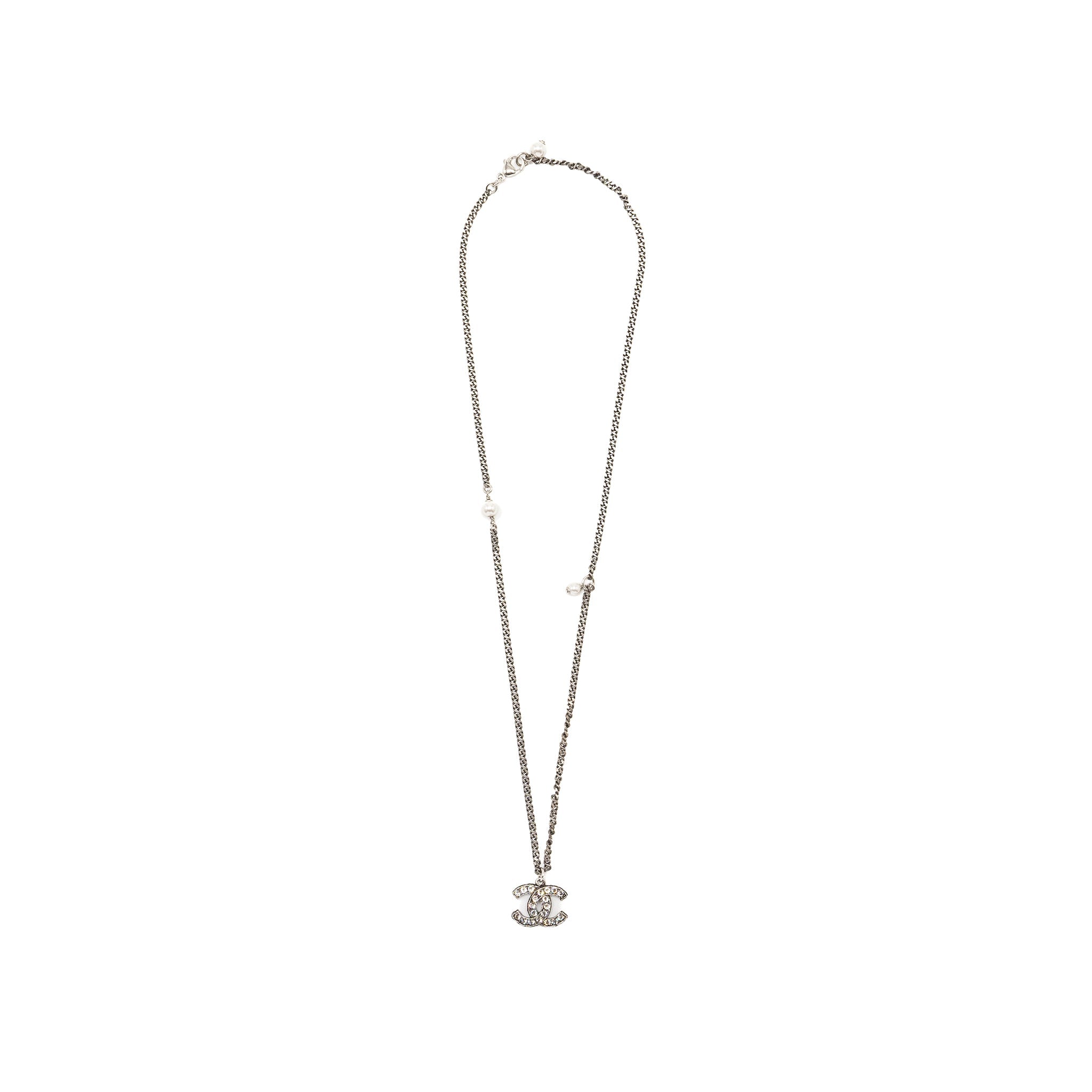 Chanel cc logo necklace crystal/pearl ruthenium hardware
