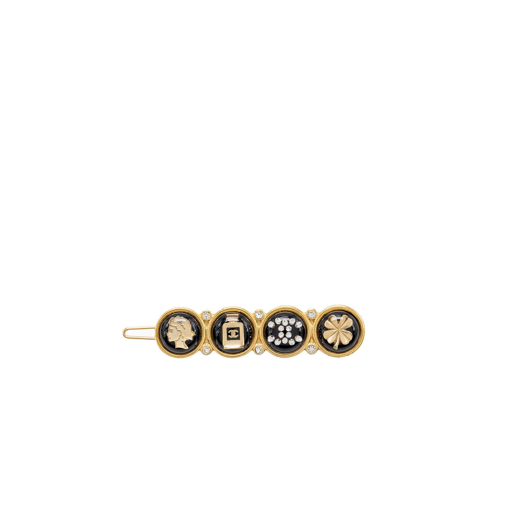 Chanel coco / perfume bottle / CC logo /clover hair clip black gold tone