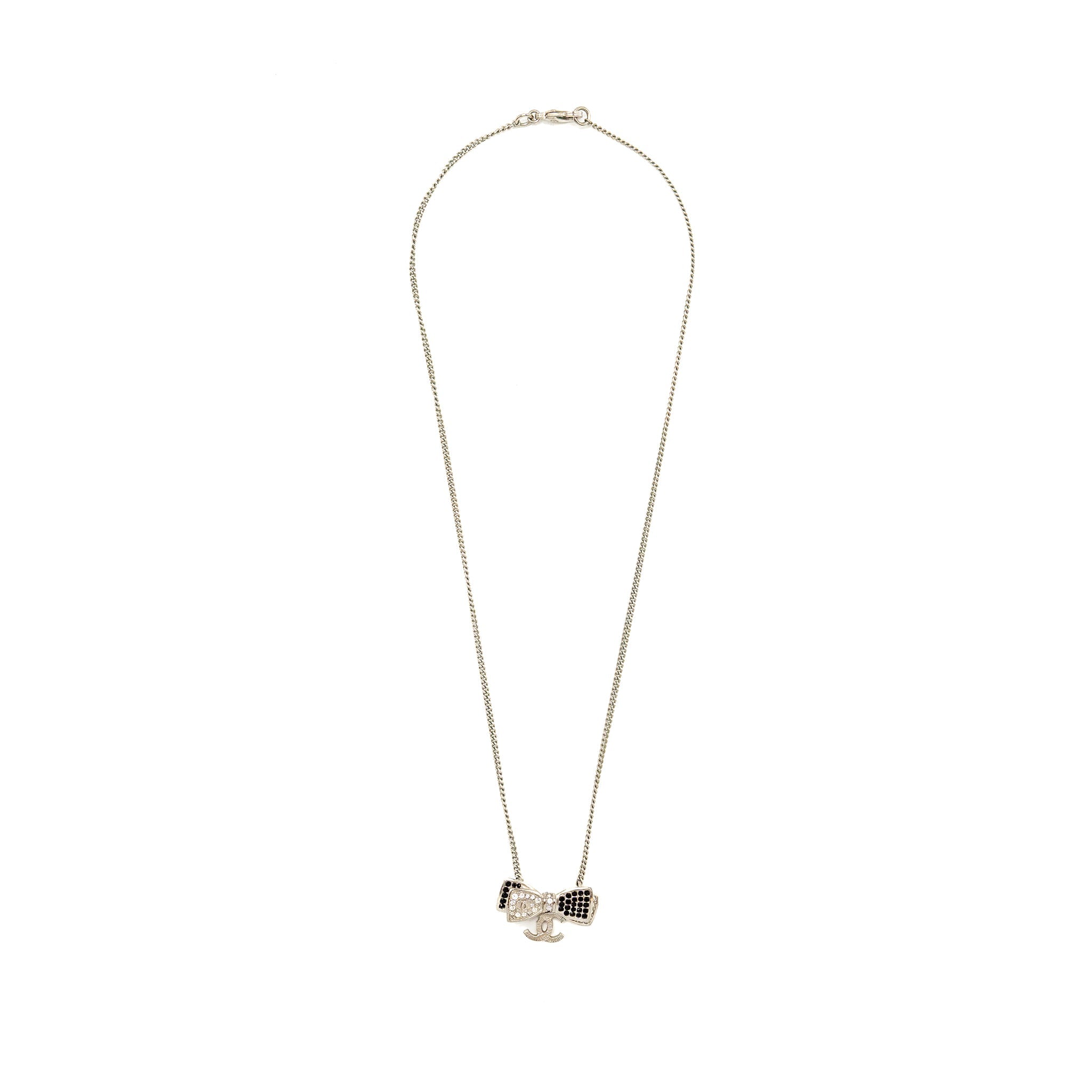 Chanel Bow/CC Logo Drop Necklace with Crystal Silver Tone
