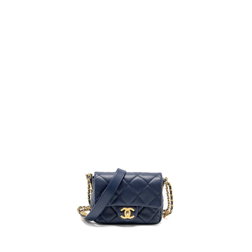 Chanel 22A Button On Chain Mini Square Flap Bag Caviar Navy  (Microchip)