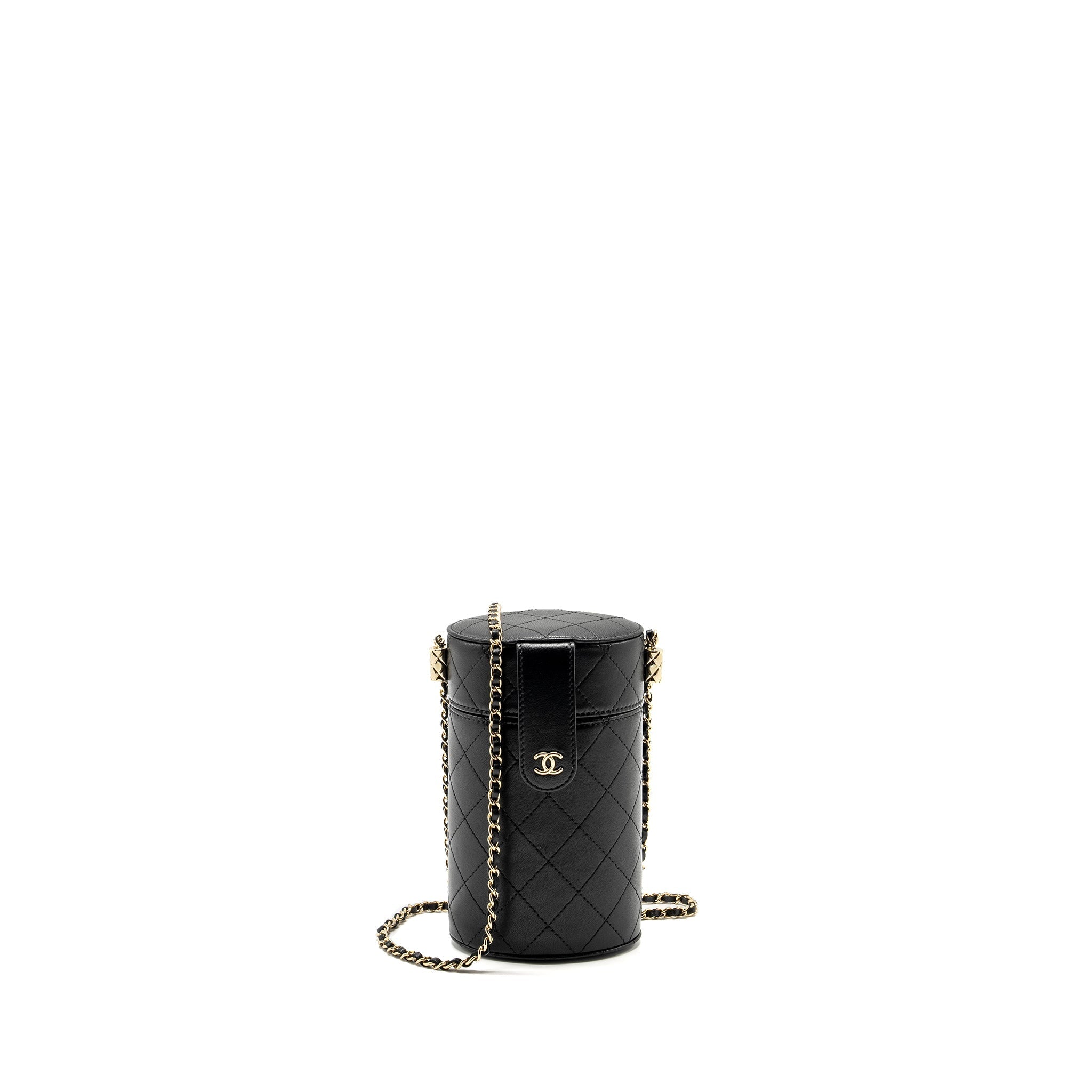 Chanel CC Round Vanity Case with Chain Lambskin Black L