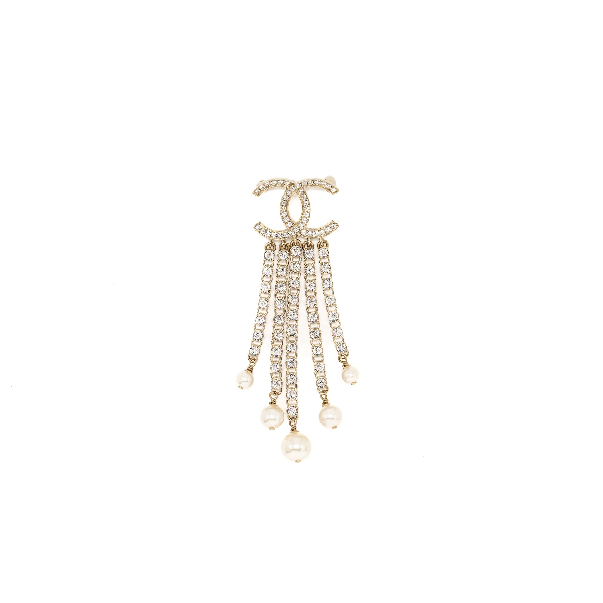 Chanel cc logo with drop chains brooch crystal gold tone