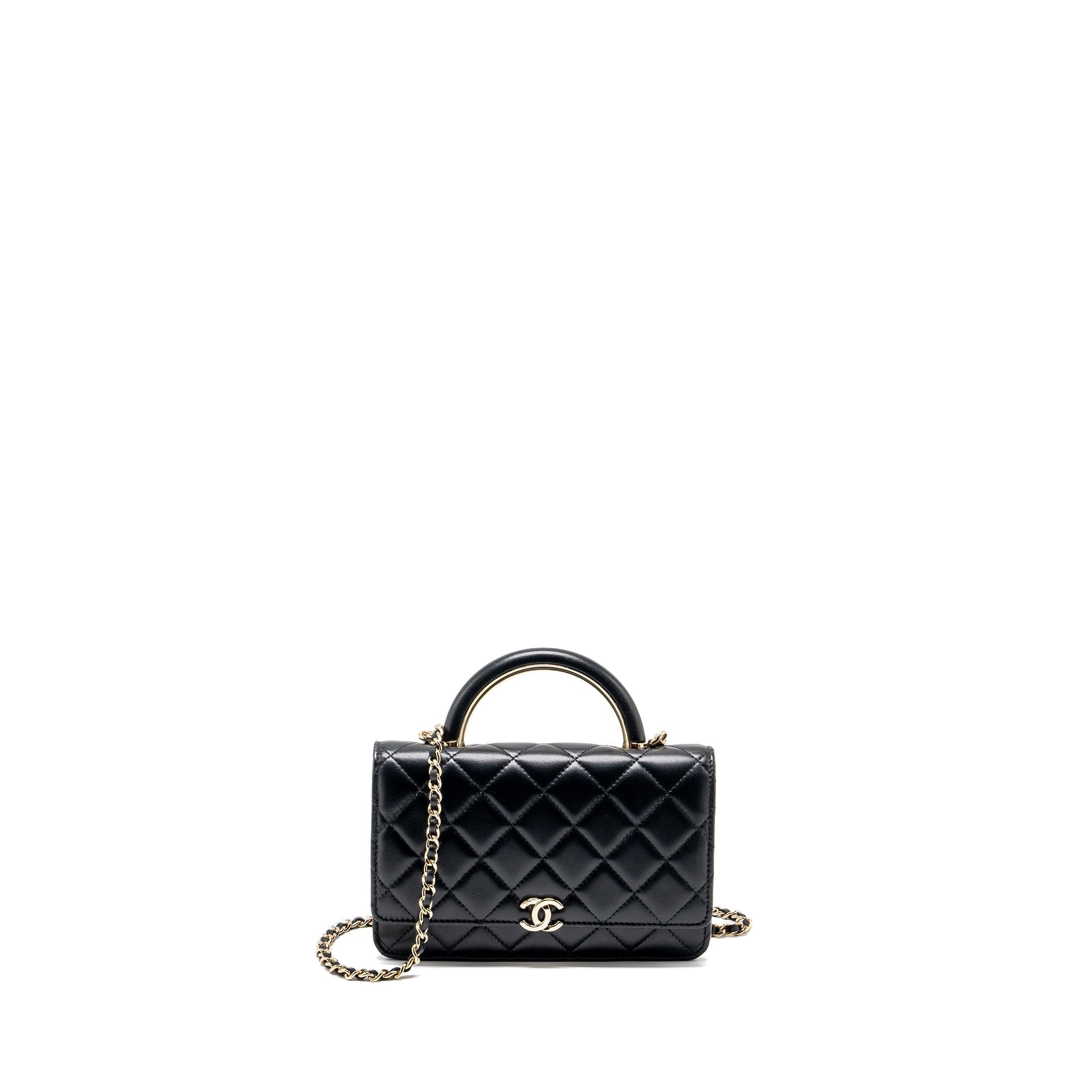 CHANEL leather top handle wallet on chain lambskin black L (microchip)