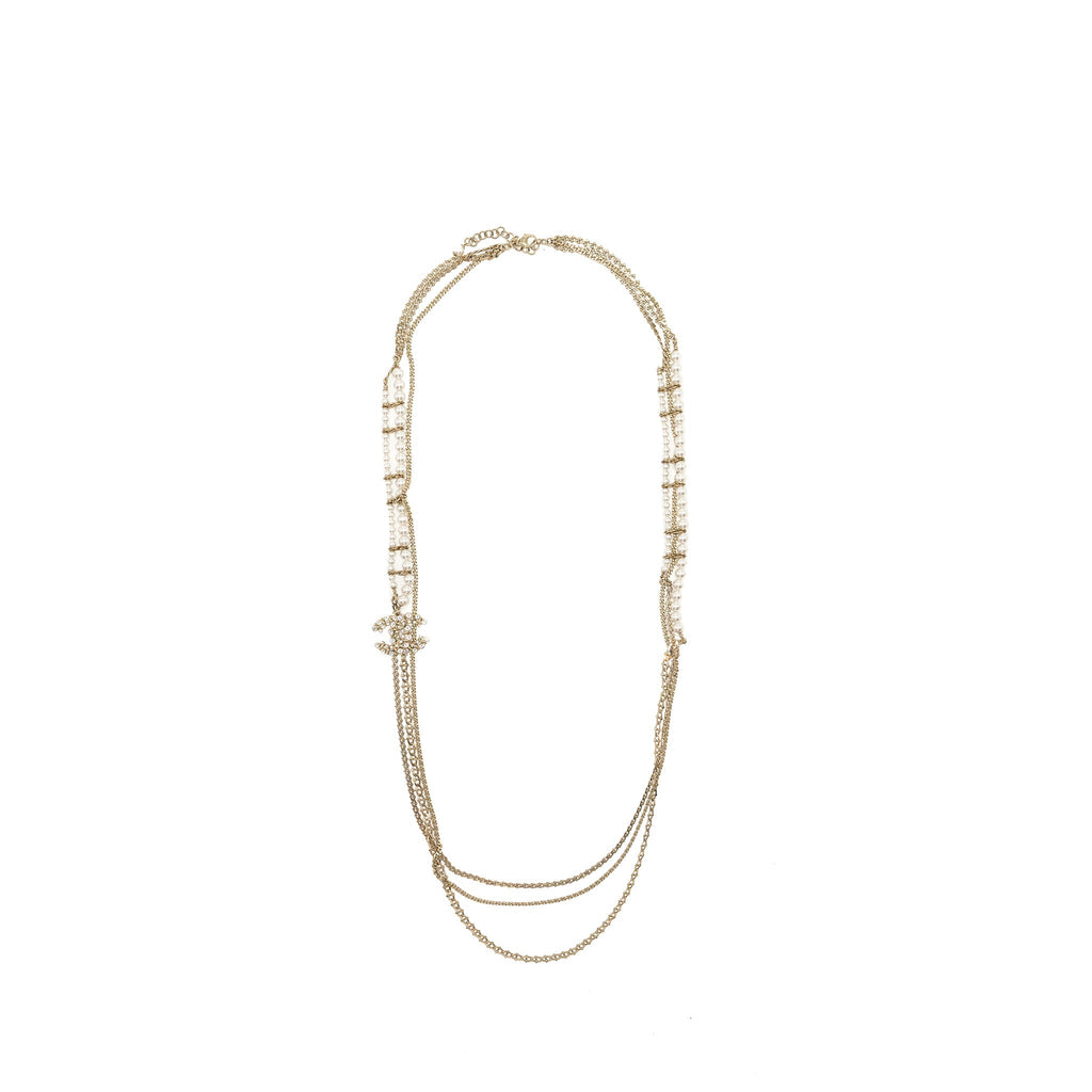 Chanel 19K CC logo long Necklace Pearl/Crystal/Light Gold Tone