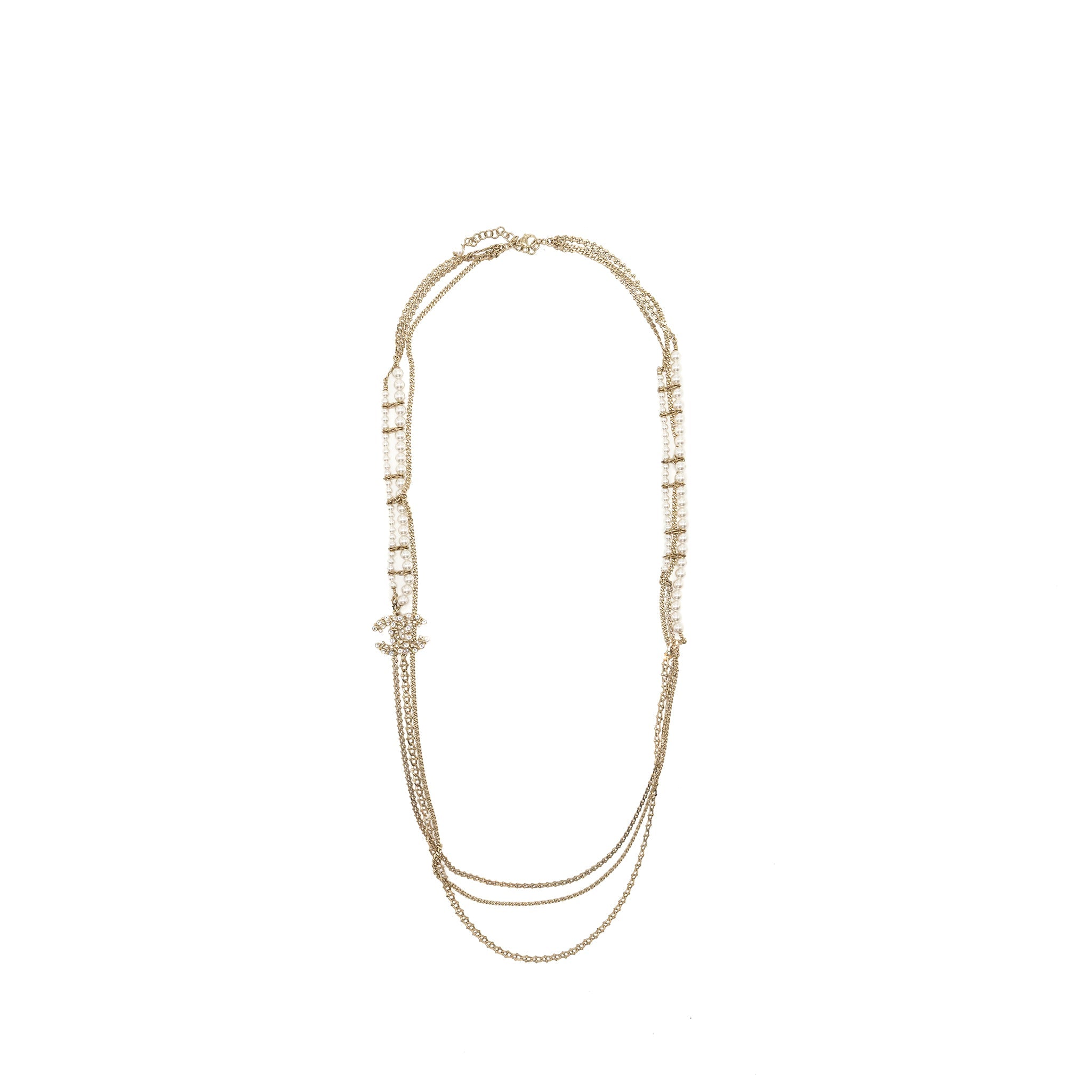 Chanel 19K CC logo long Necklace Pearl/Crystal/Light Gold Tone
