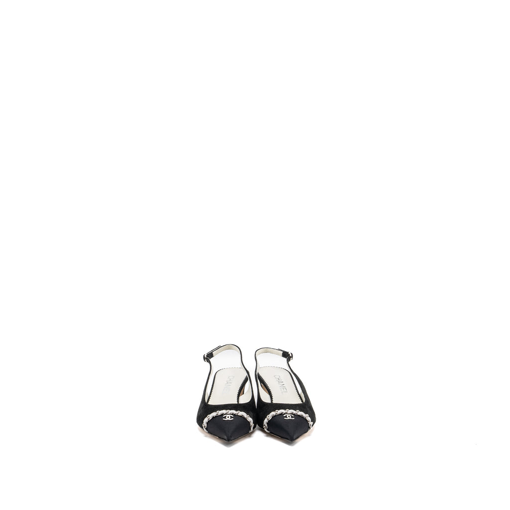 CHANEL SIZE 36 SLINGS SHOES Suede Calfskin/ Grosgrain Metal Black and Light Grey