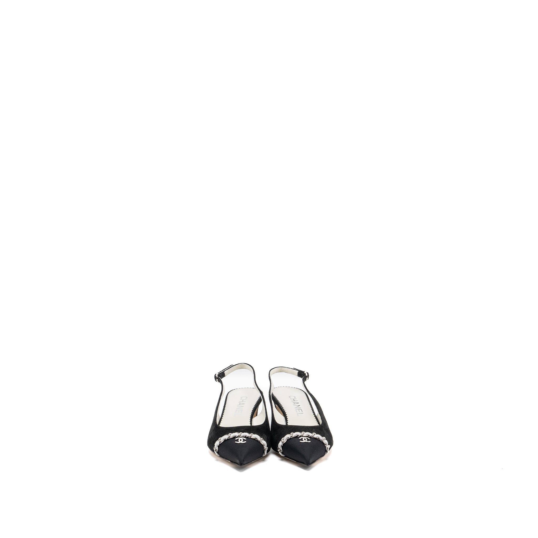 CHANEL SIZE 36 SLINGS SHOES Suede Calfskin/ Grosgrain Metal Black and Light Grey