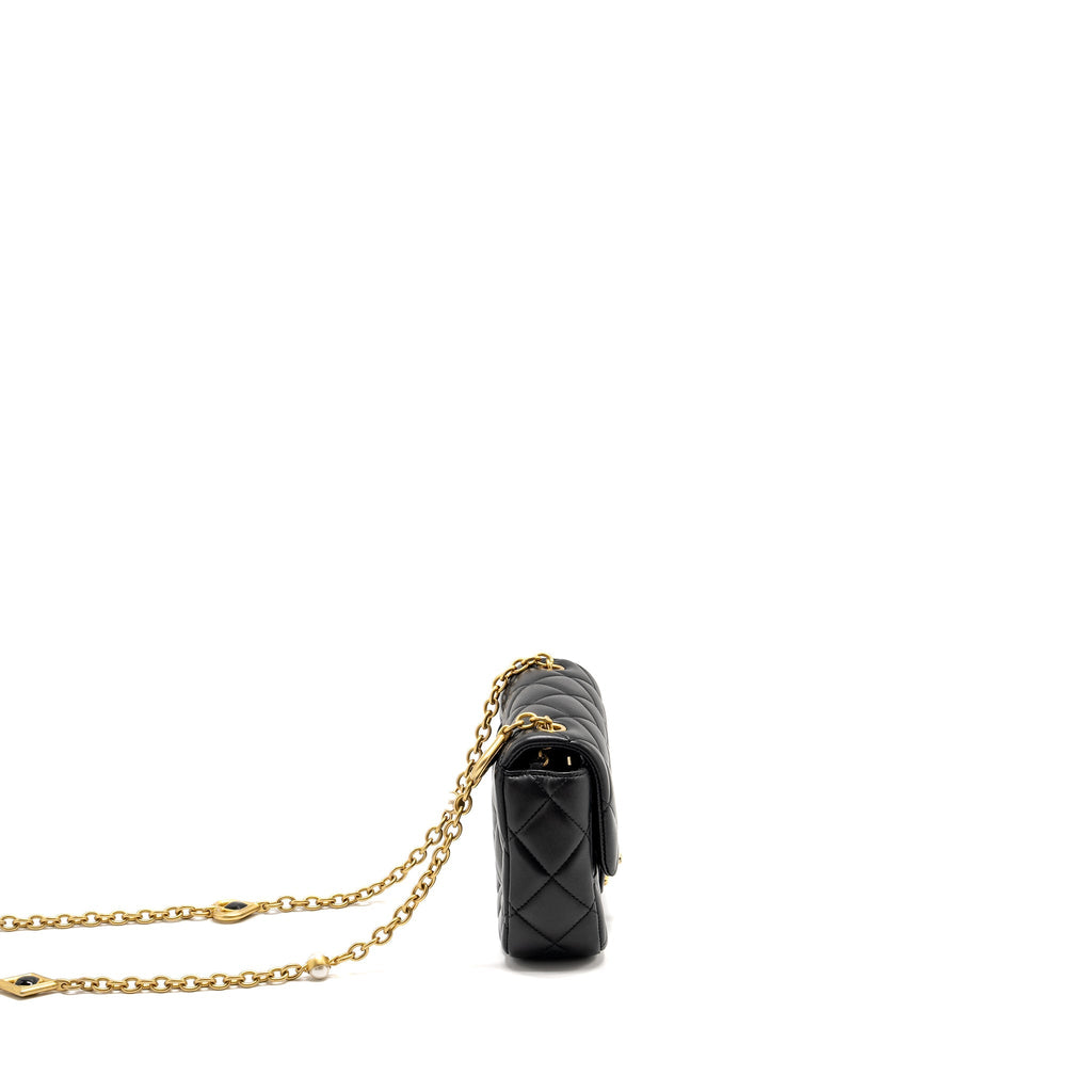 Chanel Quilted Flap Bag with Heart Charm Chain Lambskin Black  (Microchip)