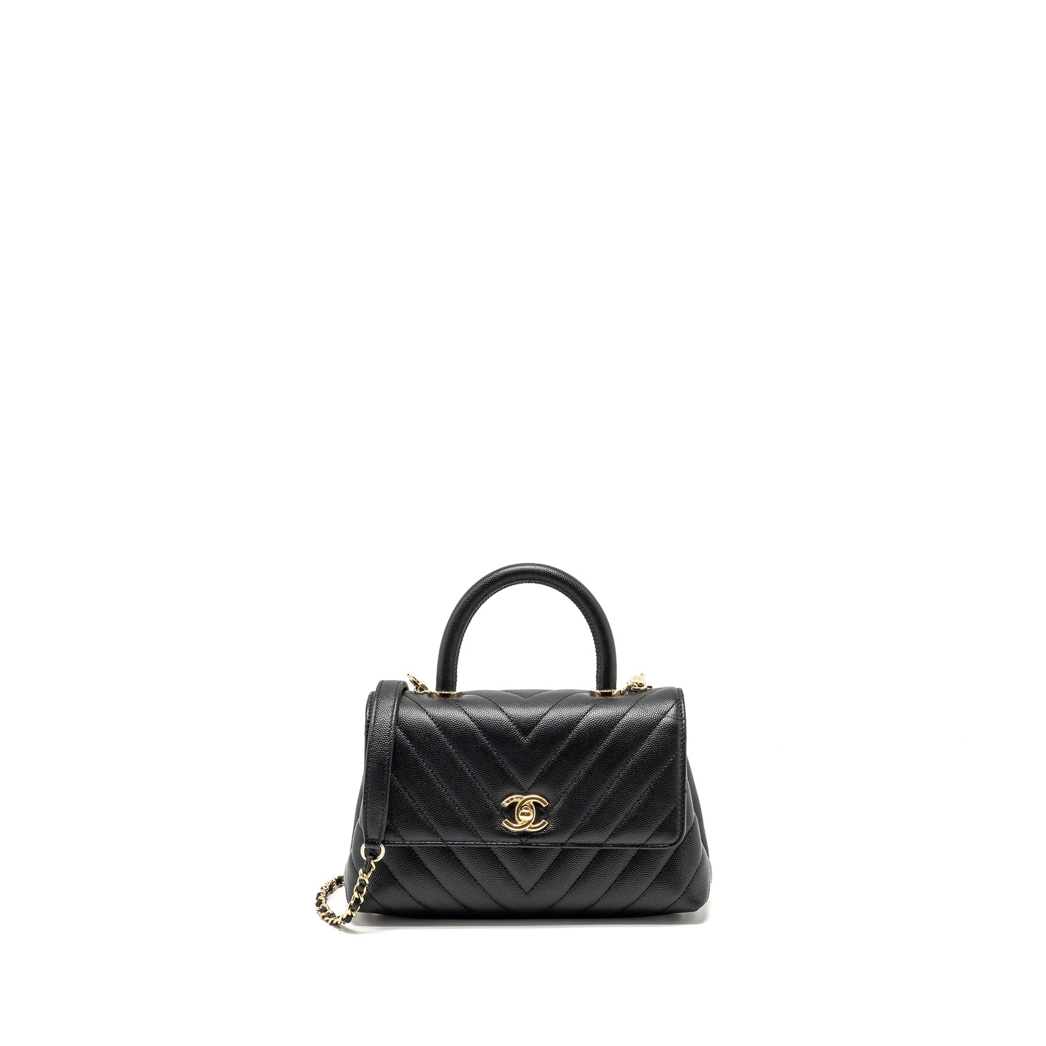 CHANEL Small Coco Handle Chevron Caviar Black L