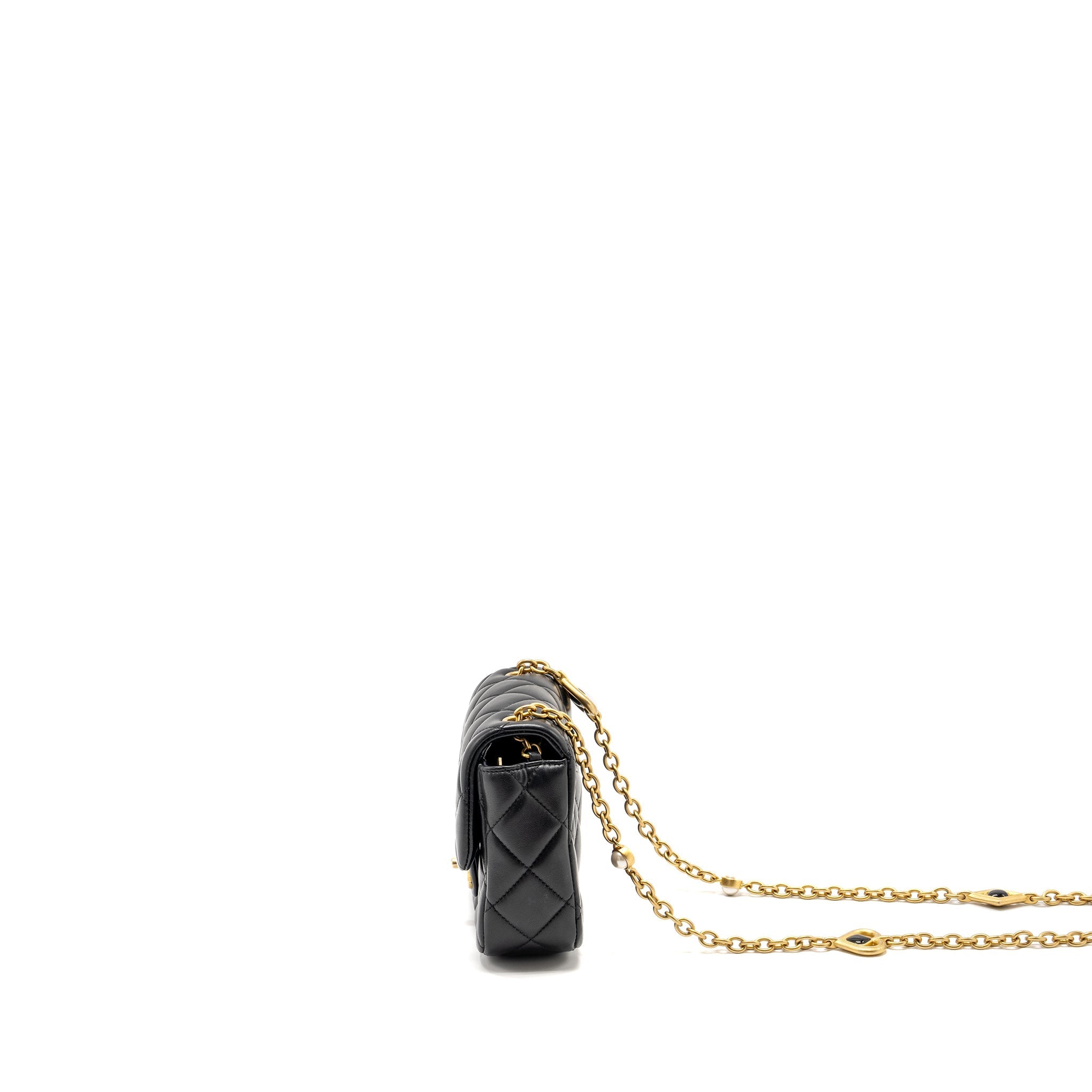 Chanel Quilted Flap Bag with Heart Charm Chain Lambskin Black  (Microchip)