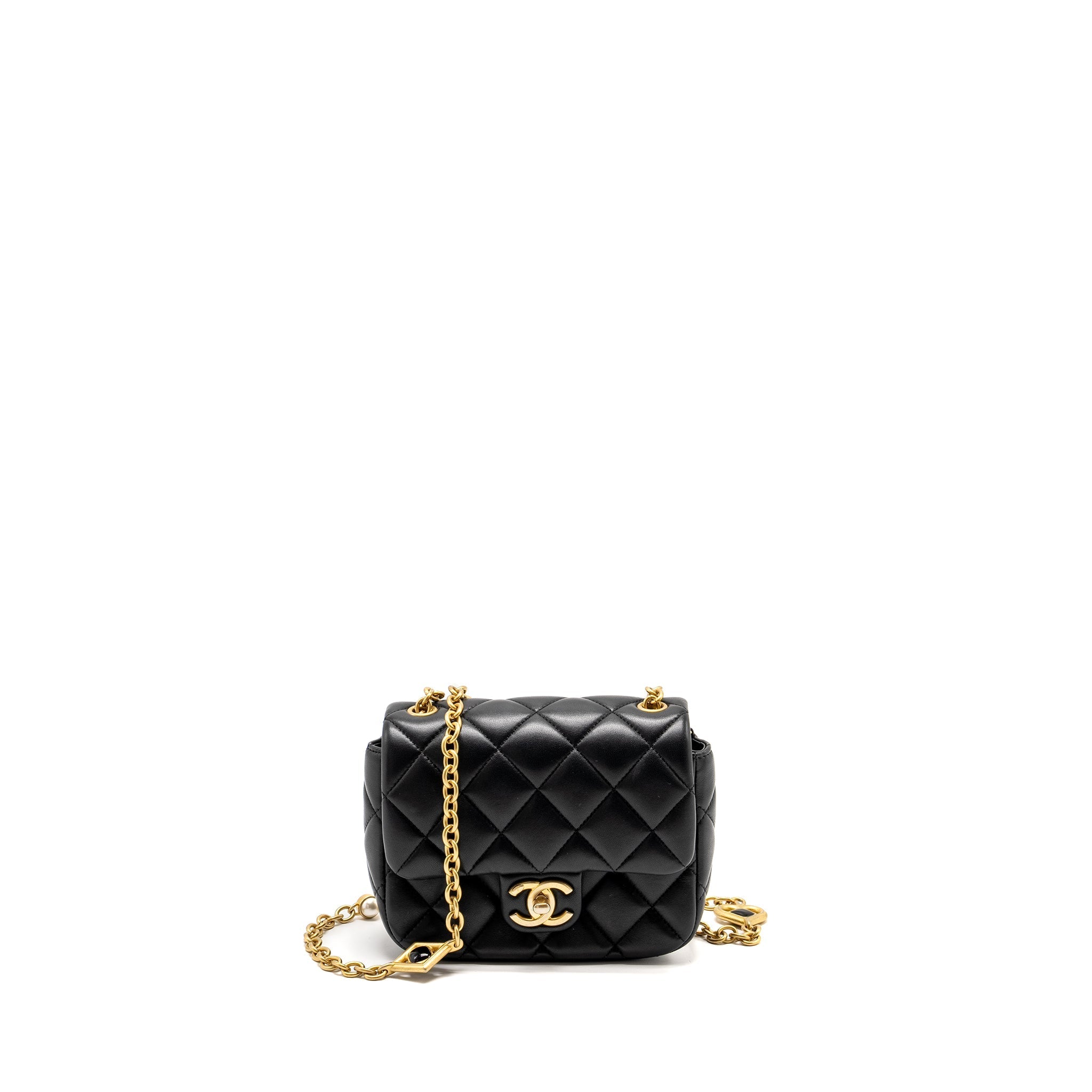 Chanel Quilted Flap Bag with Heart Charm Chain Lambskin Black  (Microchip)