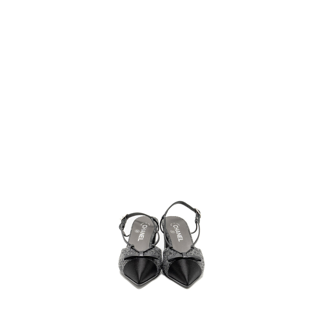 Chanel Size 37.5 Cap Toe CC Slingback Pumps Tweed Grey/Black