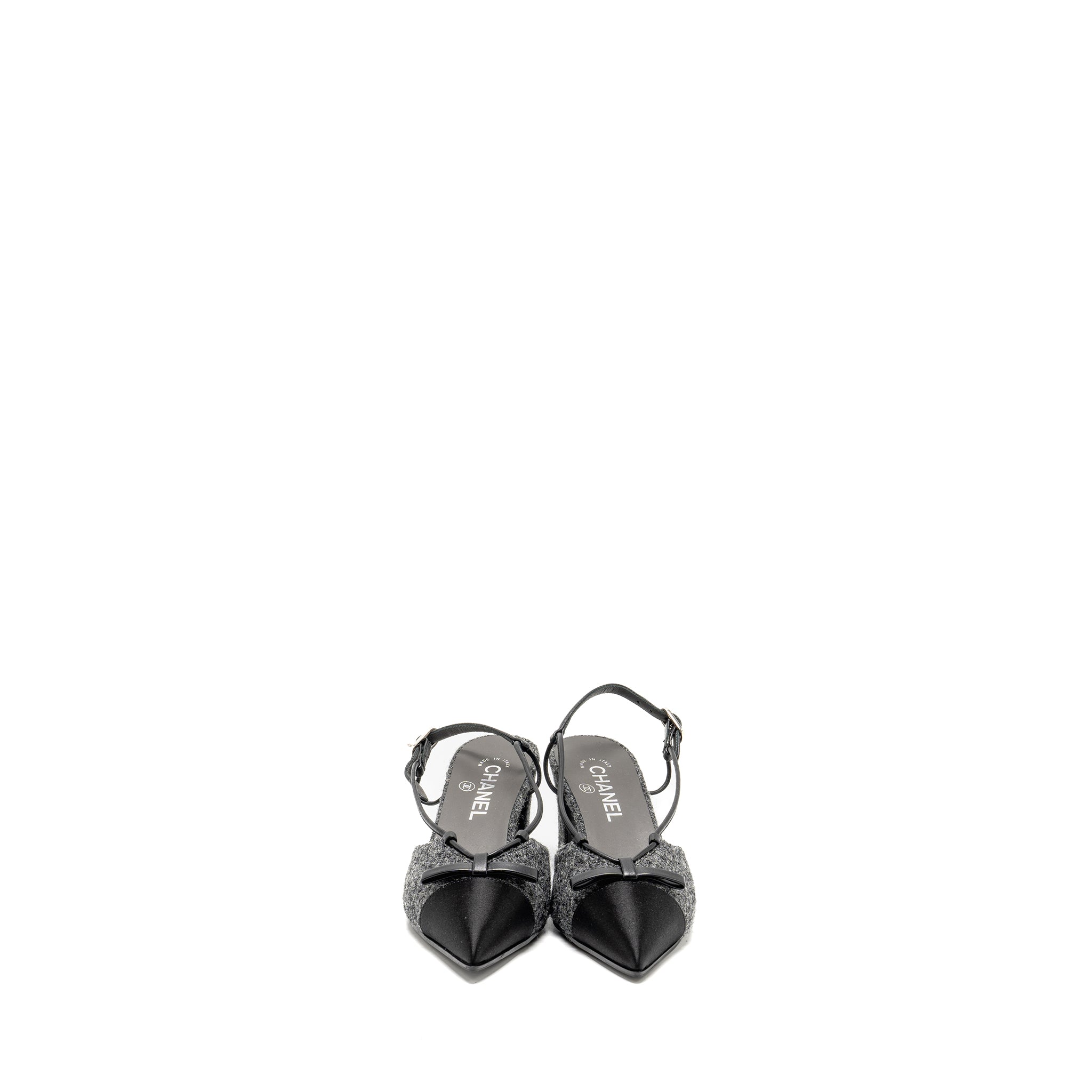 Chanel Size 37.5 Cap Toe CC Slingback Pumps Tweed Grey/Black