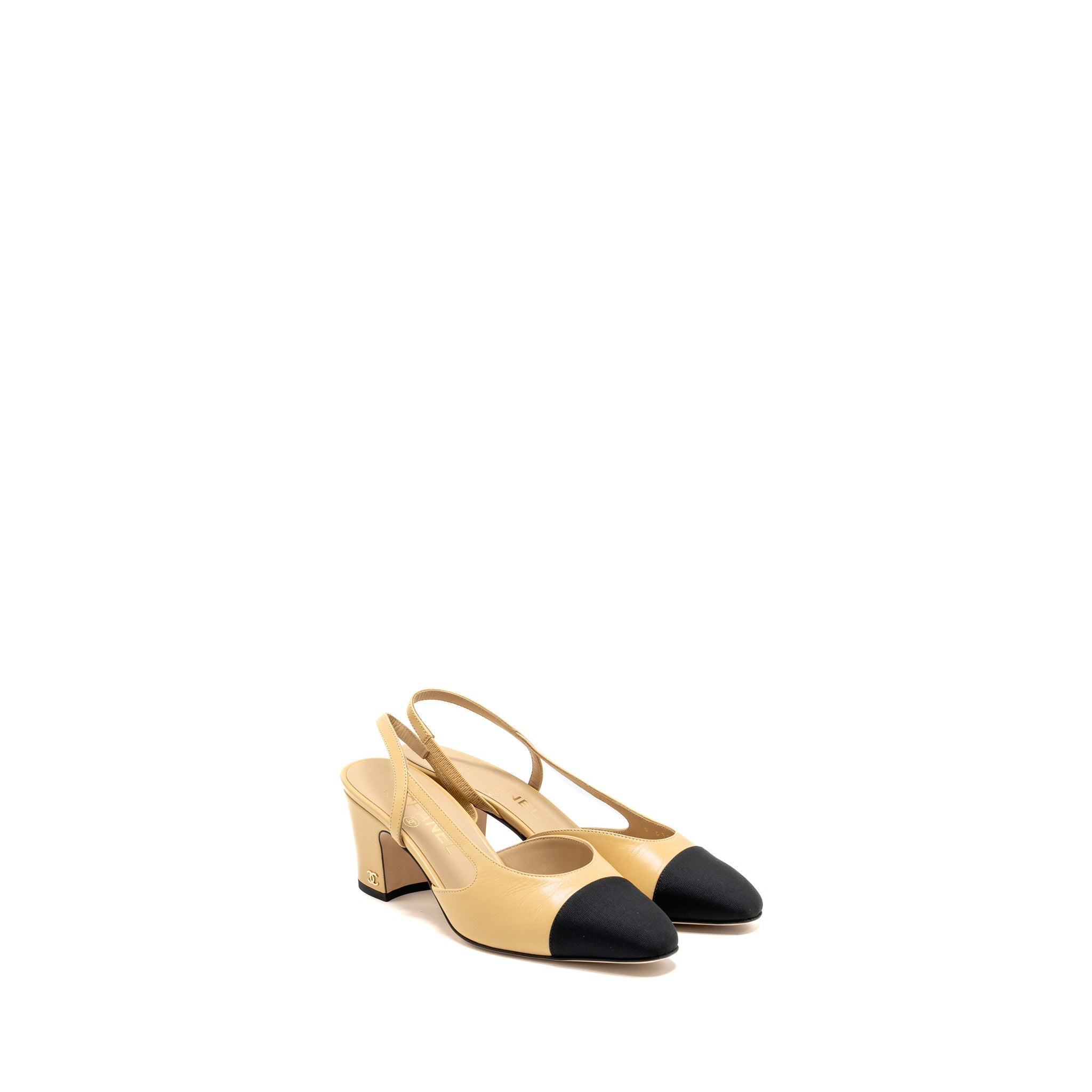 Chanel Size 37.5 Sling Back Beige/Black