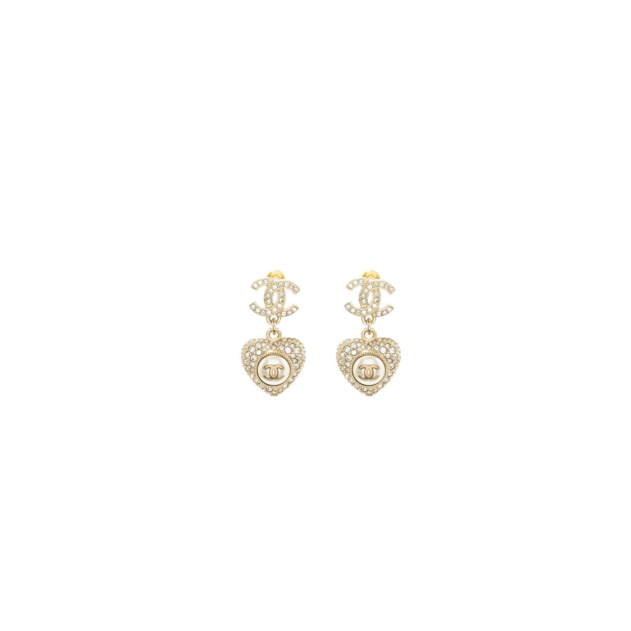 Chanel Heart Dropped CC Logo Earring Crystal Light Gold Tone
