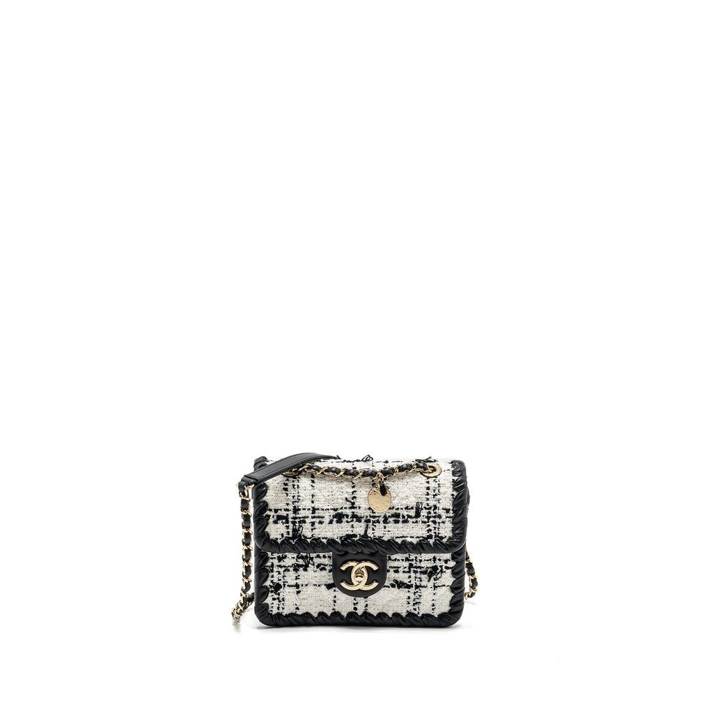 CHANEL Seasonal Mini Square Flap Bag Tweed White/Black L (Microchip)