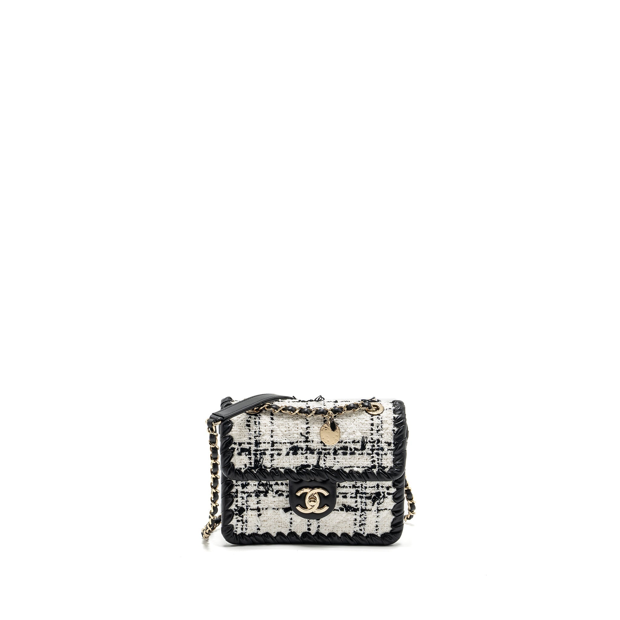 CHANEL Seasonal Mini Square Flap Bag Tweed White/Black L (Microchip)