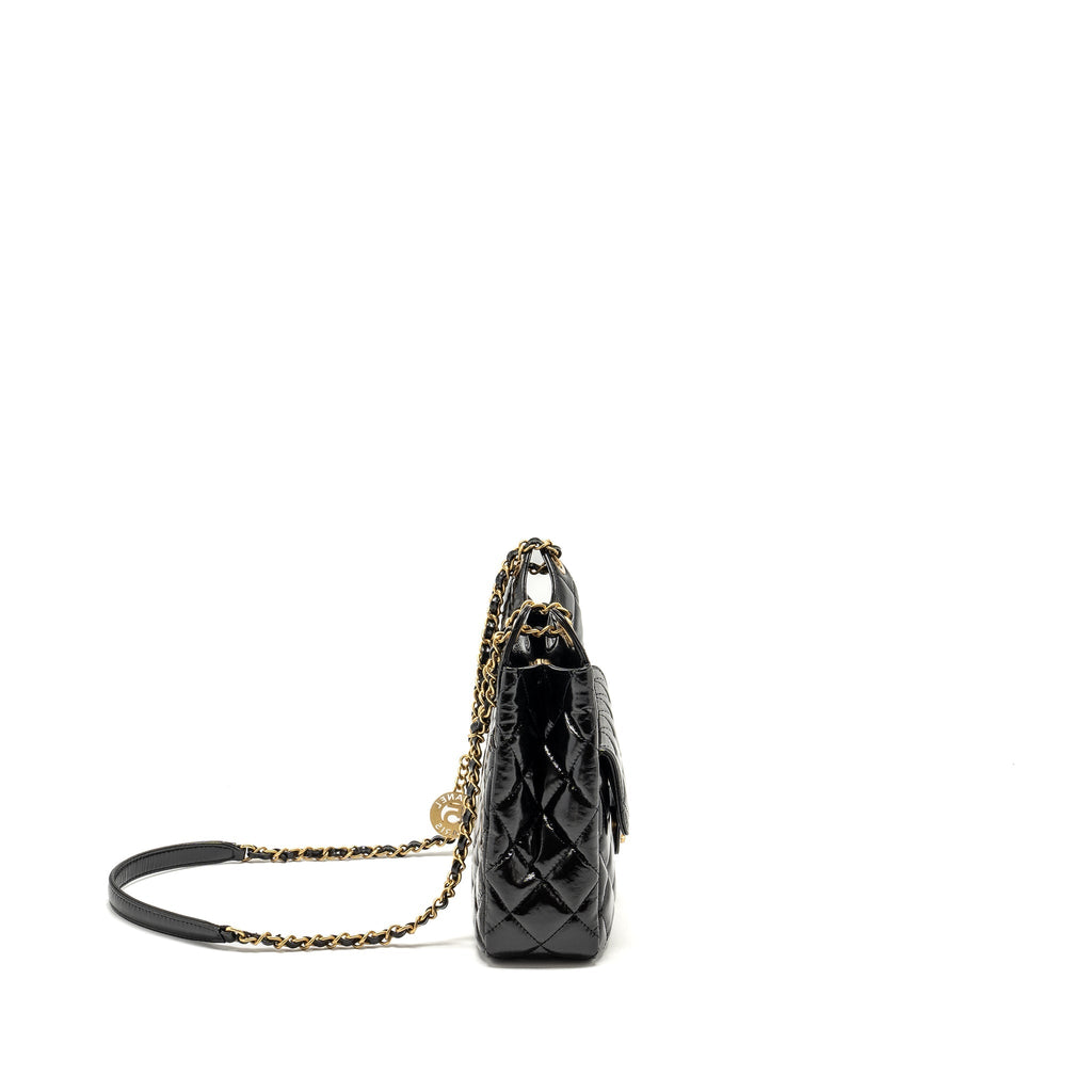 Chanel 23C Hobo Bag Shiny Calfskin Black Brushed  (Microchip)