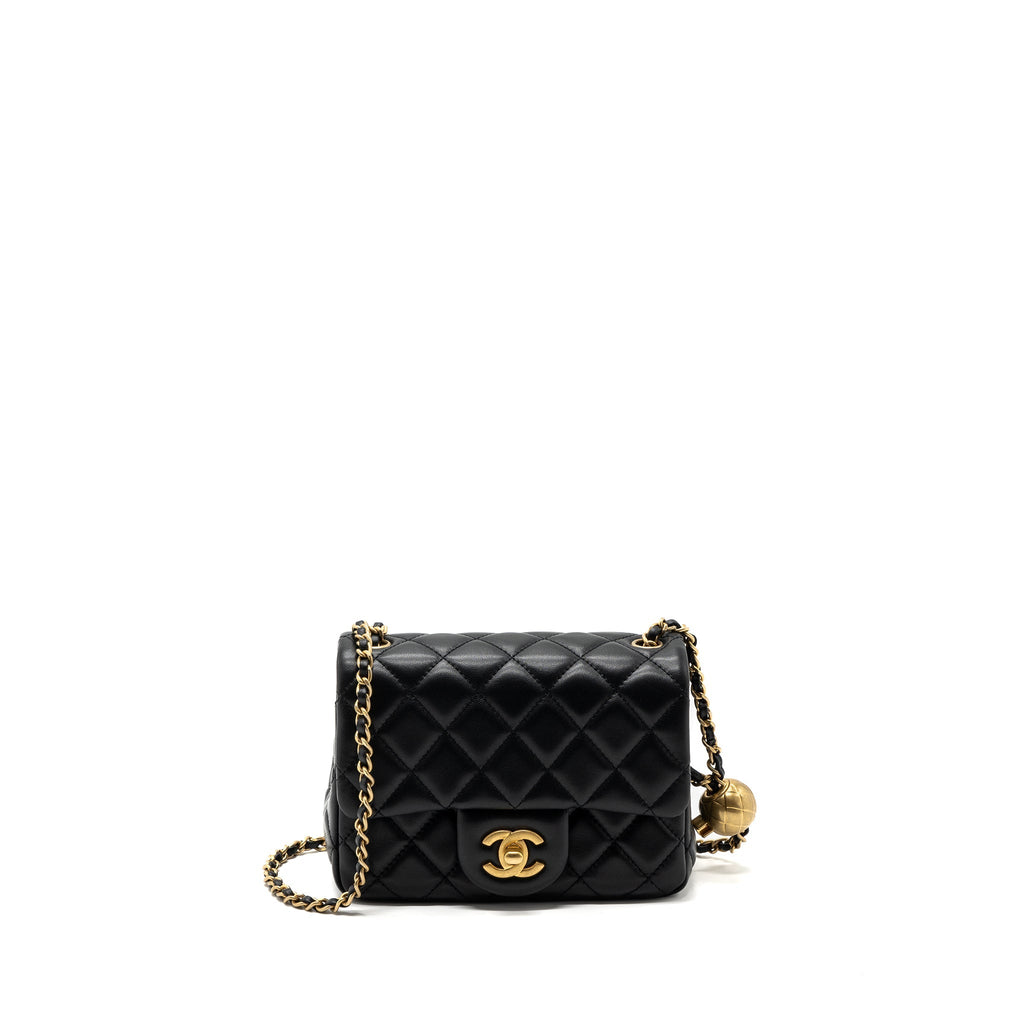Chanel Pearl Crush Mini  Square Flap Bag Lambskin Black  (microchip)