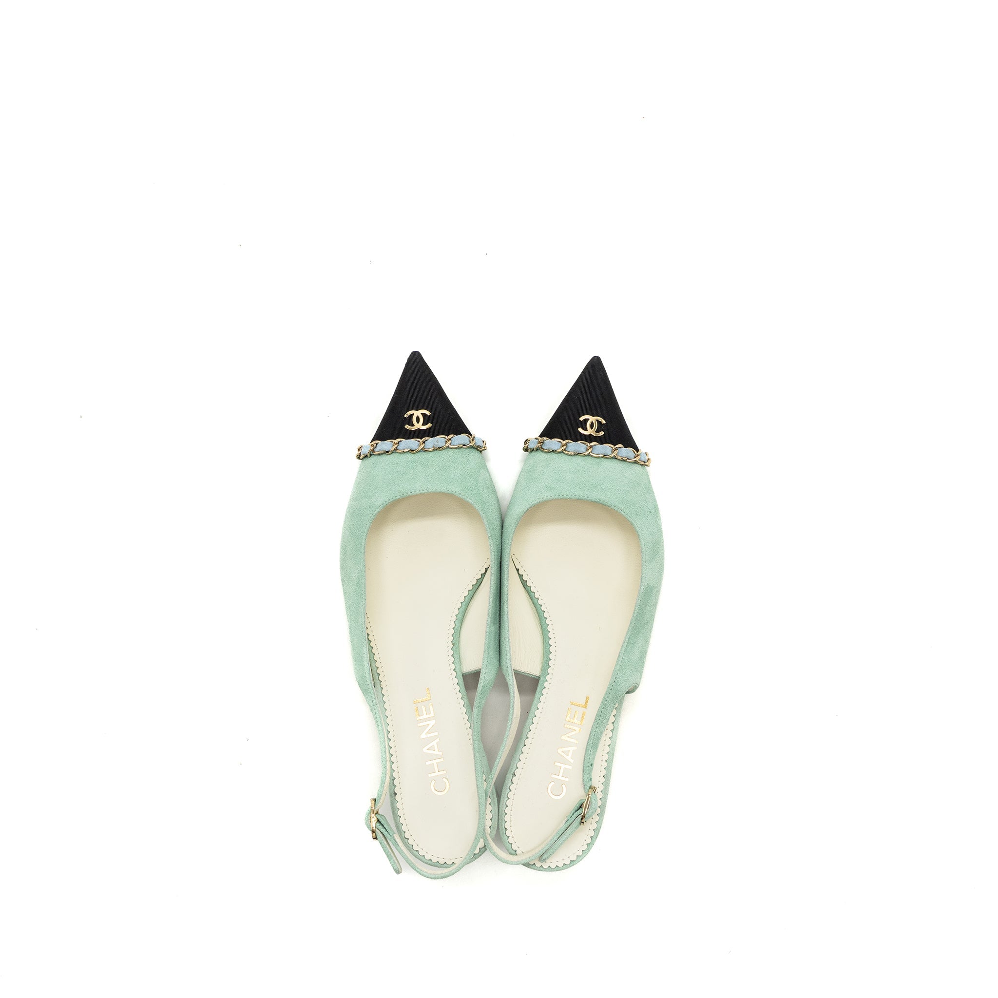 Chanel size 39 23P slingbacks suede /calfskin light blue / black L