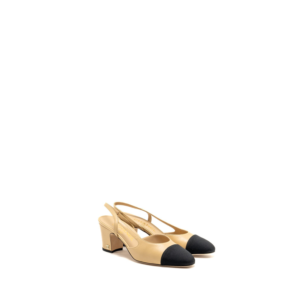 Chanel Size 36 Slingback Pumps Leather Beige / Black