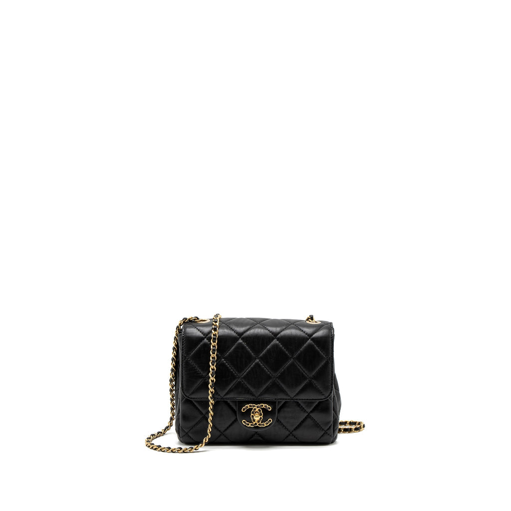 Chanel Quilted Square Flap Bag Goatskin Black Brushed  (Microchip)