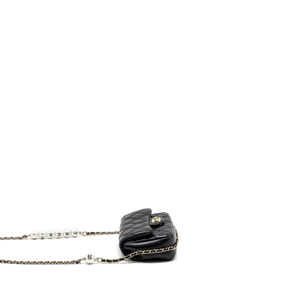 Chanel Pearl Chain Quilted Flap Bag Lambskin Black