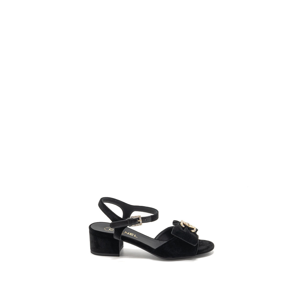 Chanel Size 36 24K Crystal CC Logo Sandals Velvet Black L