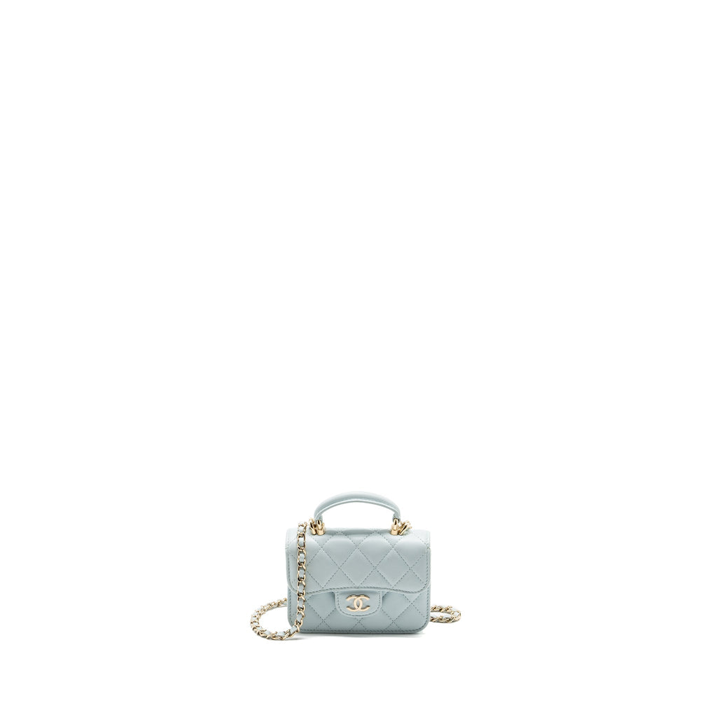 Chanel Top Handle Mini Flap Bag with Chain Lambskin Light Blue L