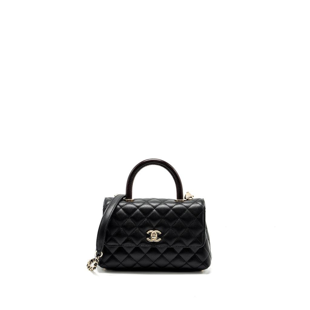 Chanel small coco handle with lizard embossed handle caviar black L (microchip)