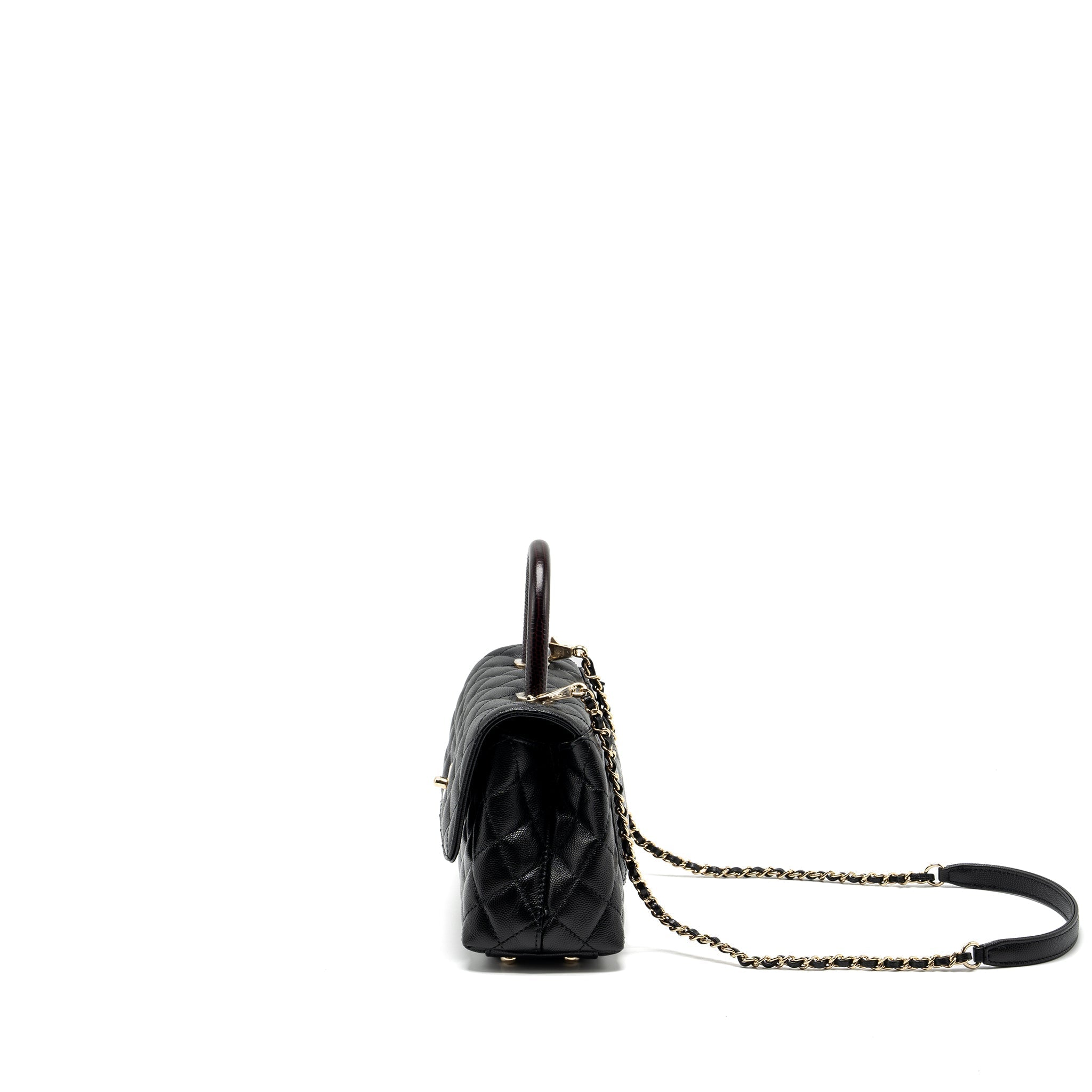 Chanel small coco handle with lizard embossed handle caviar black L (microchip)