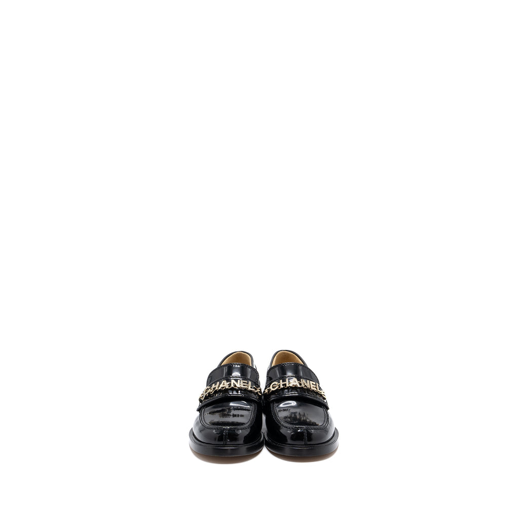 chanel size 36 letter loafer patent leather black L