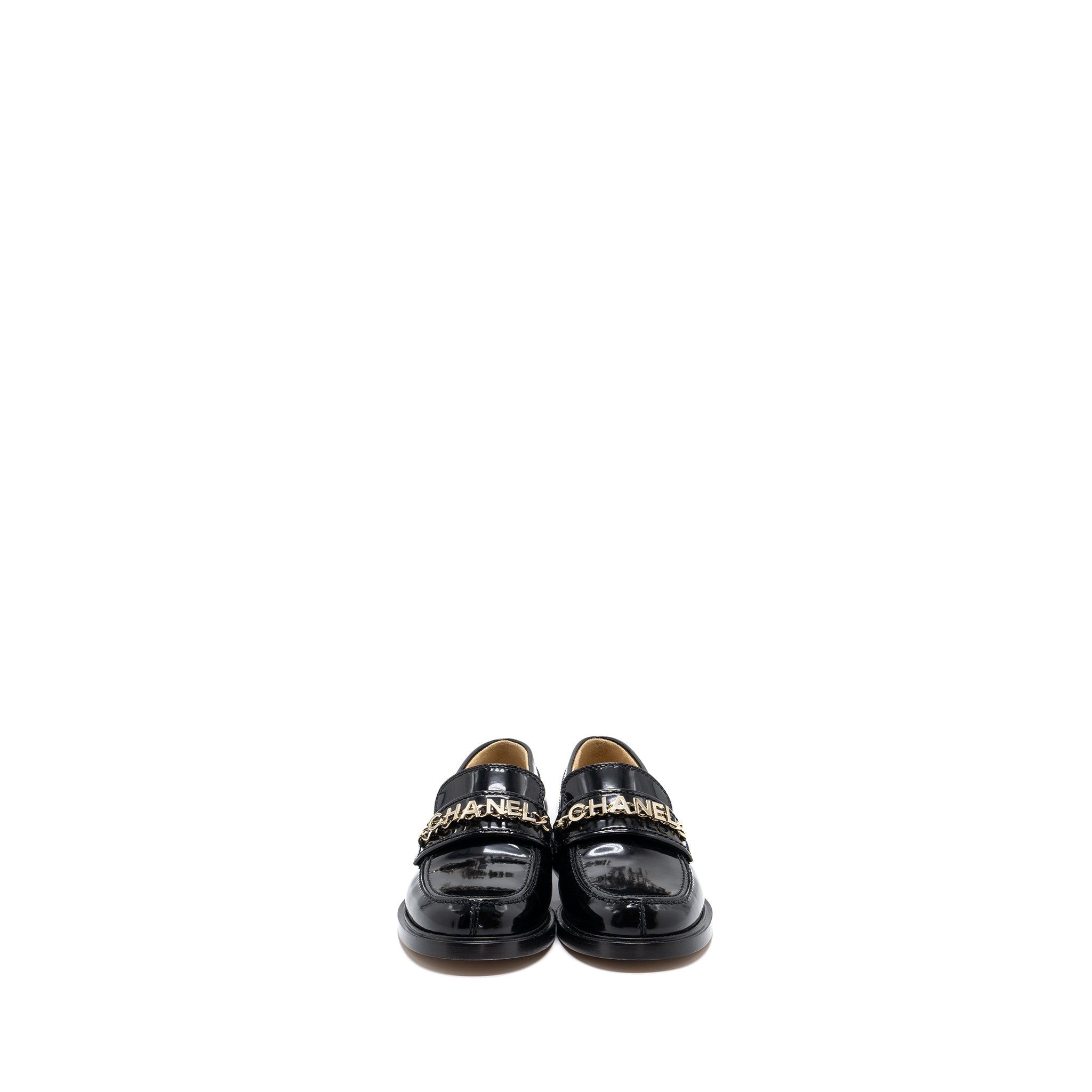 chanel size 36 letter loafer patent leather black L