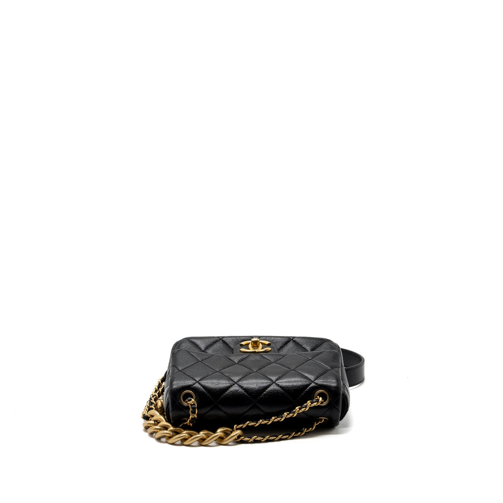 Chanel seasonal mini square flap bag with detailed chain strap calfskin black  (Microchip)