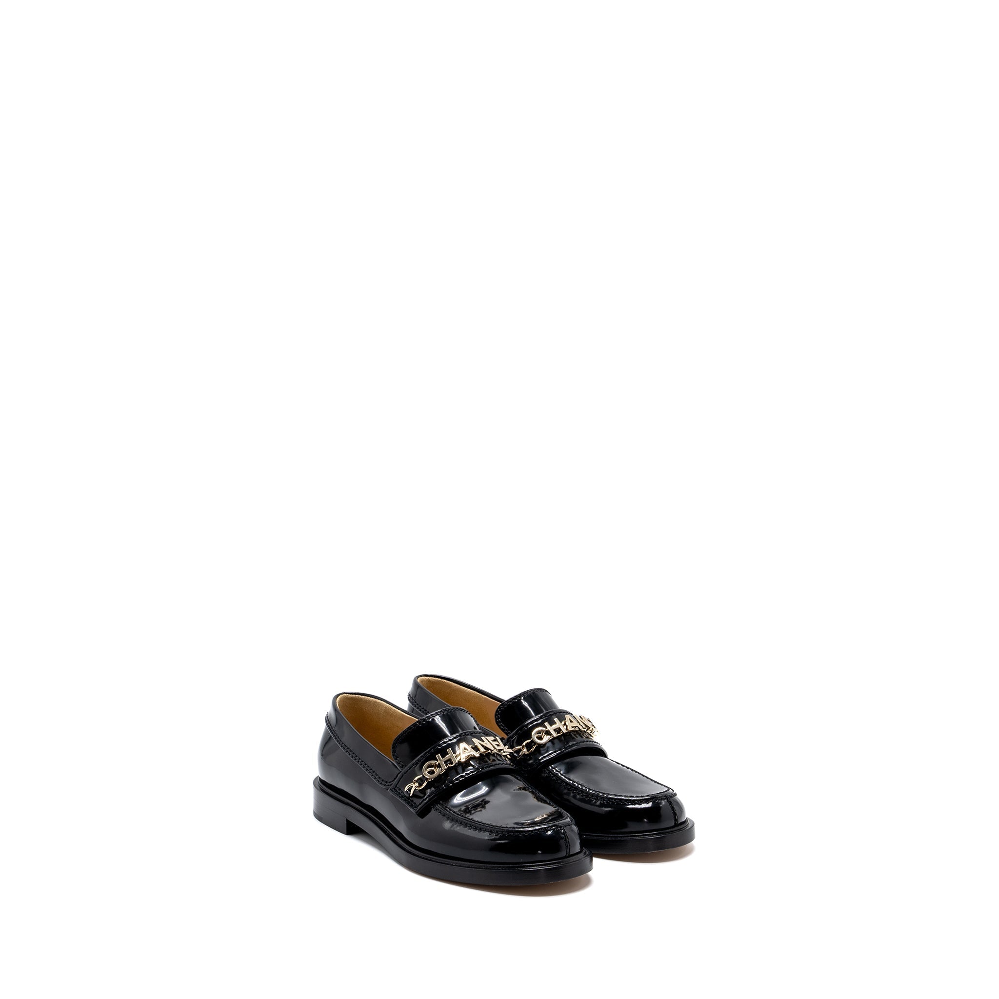 chanel size 36 letter loafer patent leather black L