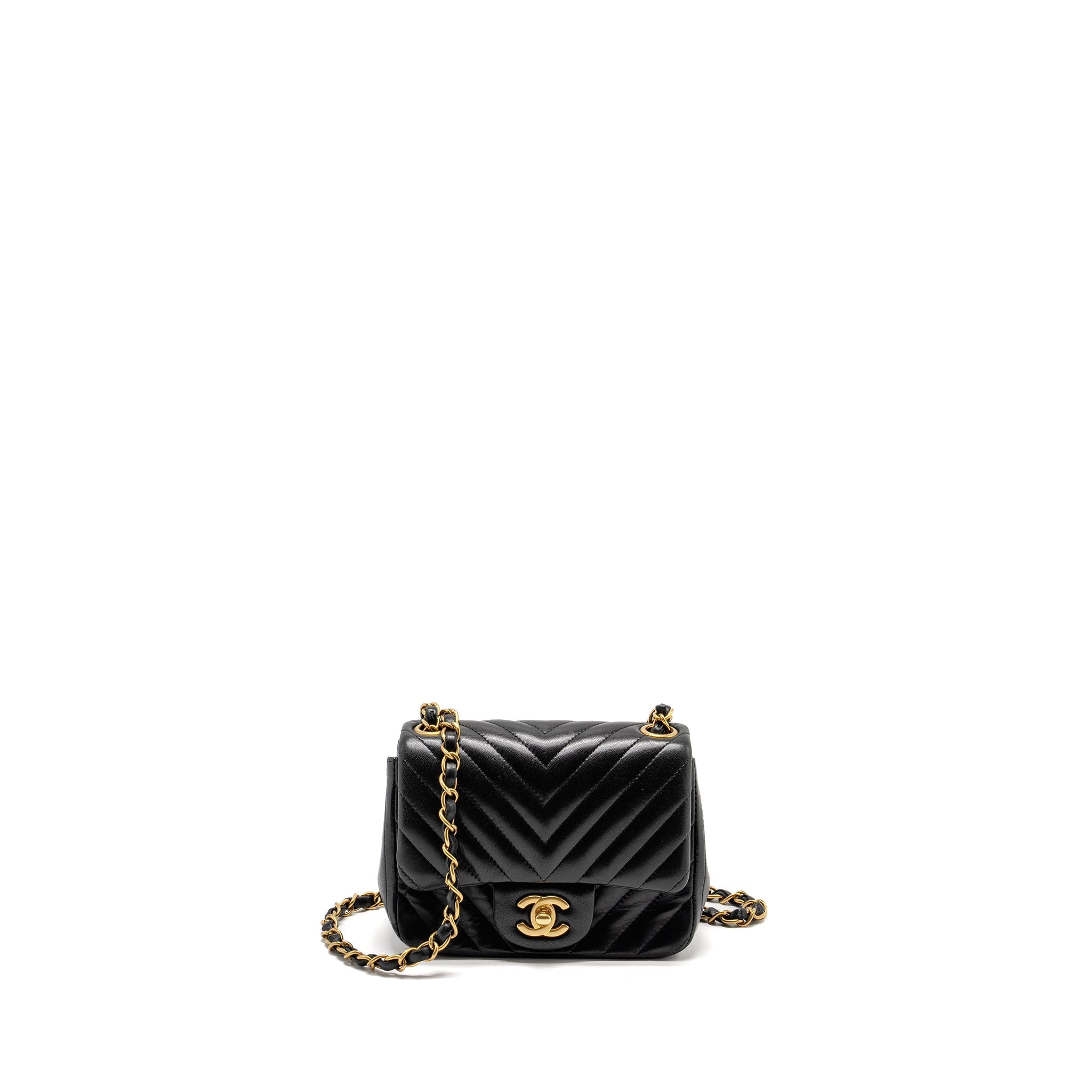 Chanel Mini Square Chevron Flap Bag Lambskin Black