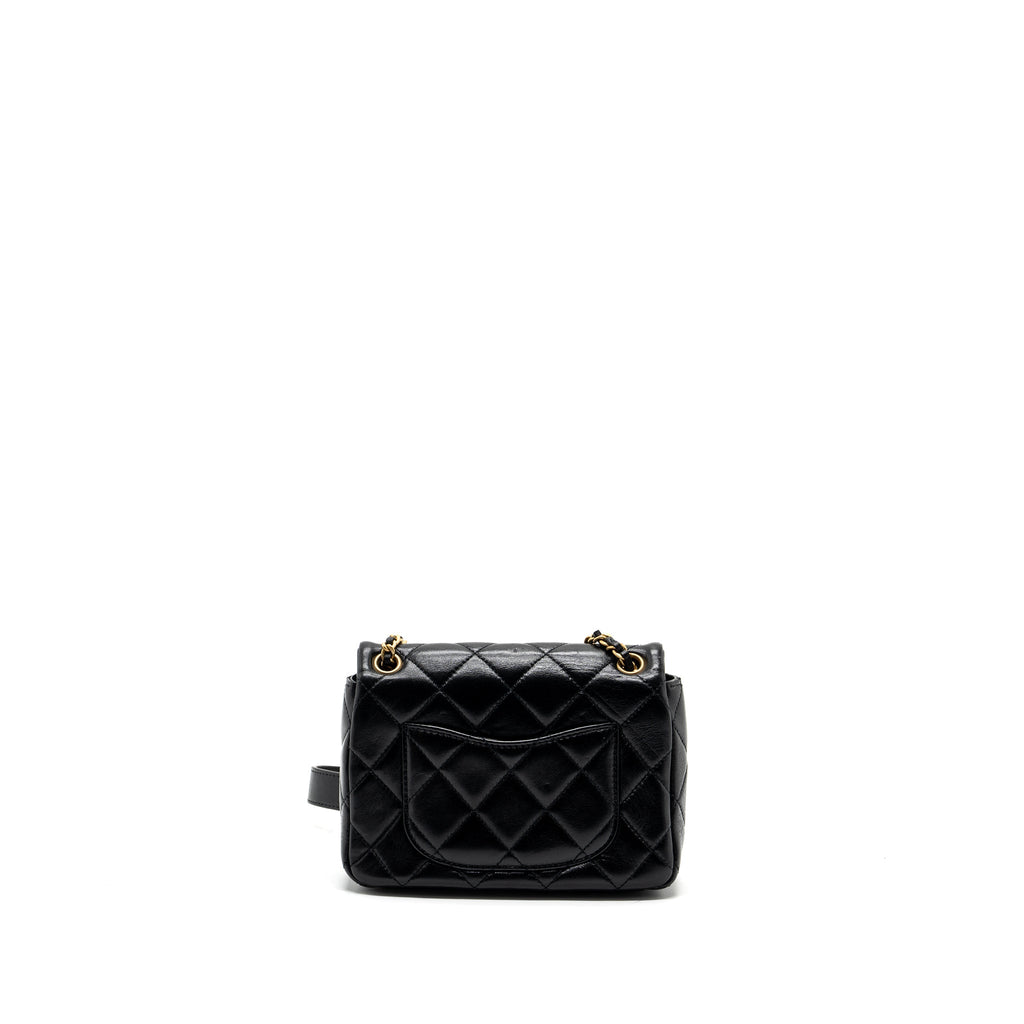 Chanel seasonal mini square flap bag with detailed chain strap calfskin black  (Microchip)
