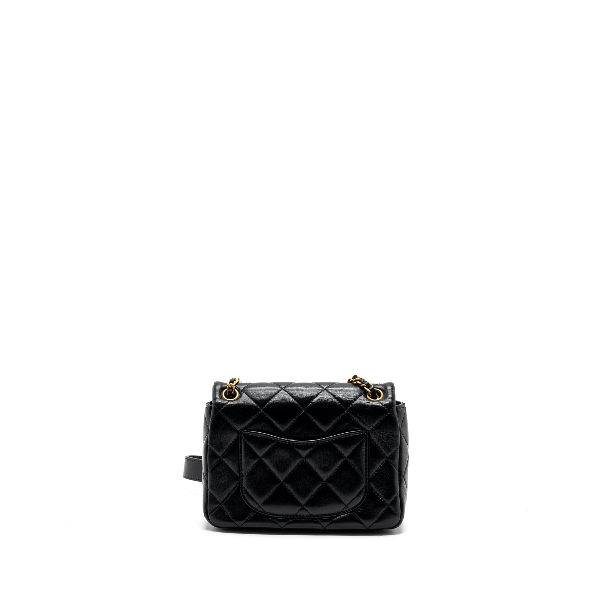 Chanel seasonal mini square flap bag with detailed chain strap calfskin black  (Microchip)