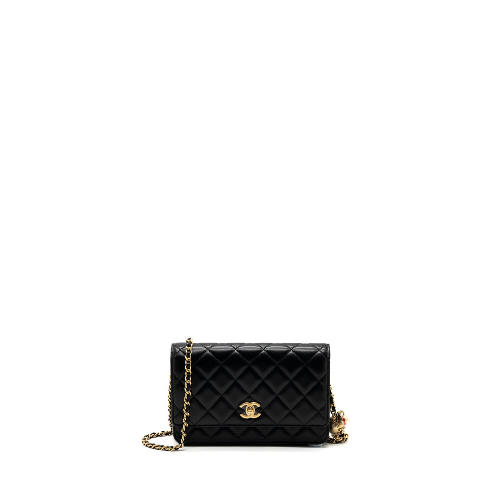 Chanel pearl crush wallet on chain lambskin BLACK  (microchip)
