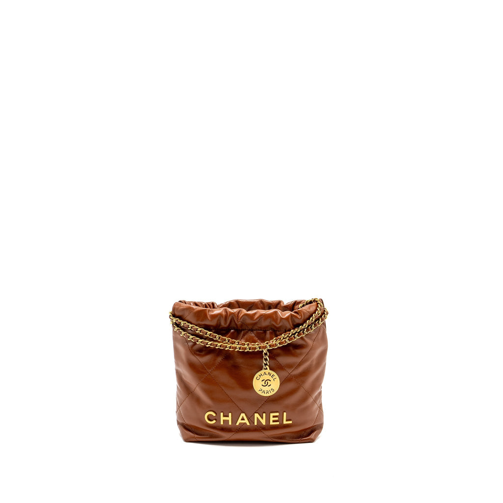 Chanel Mini 22 Bag Shiny Calfskin Dark Beige  (microchip)