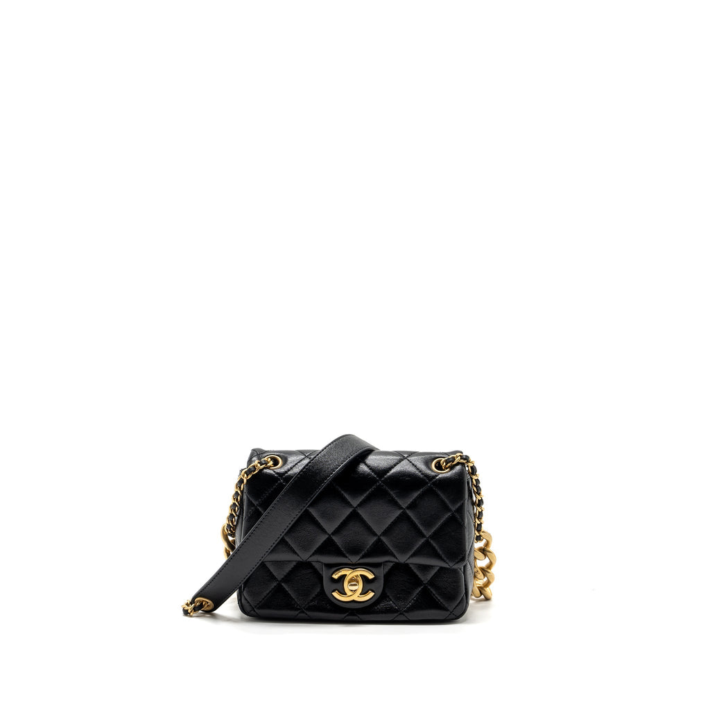 Chanel seasonal mini square flap bag with detailed chain strap calfskin black  (Microchip)