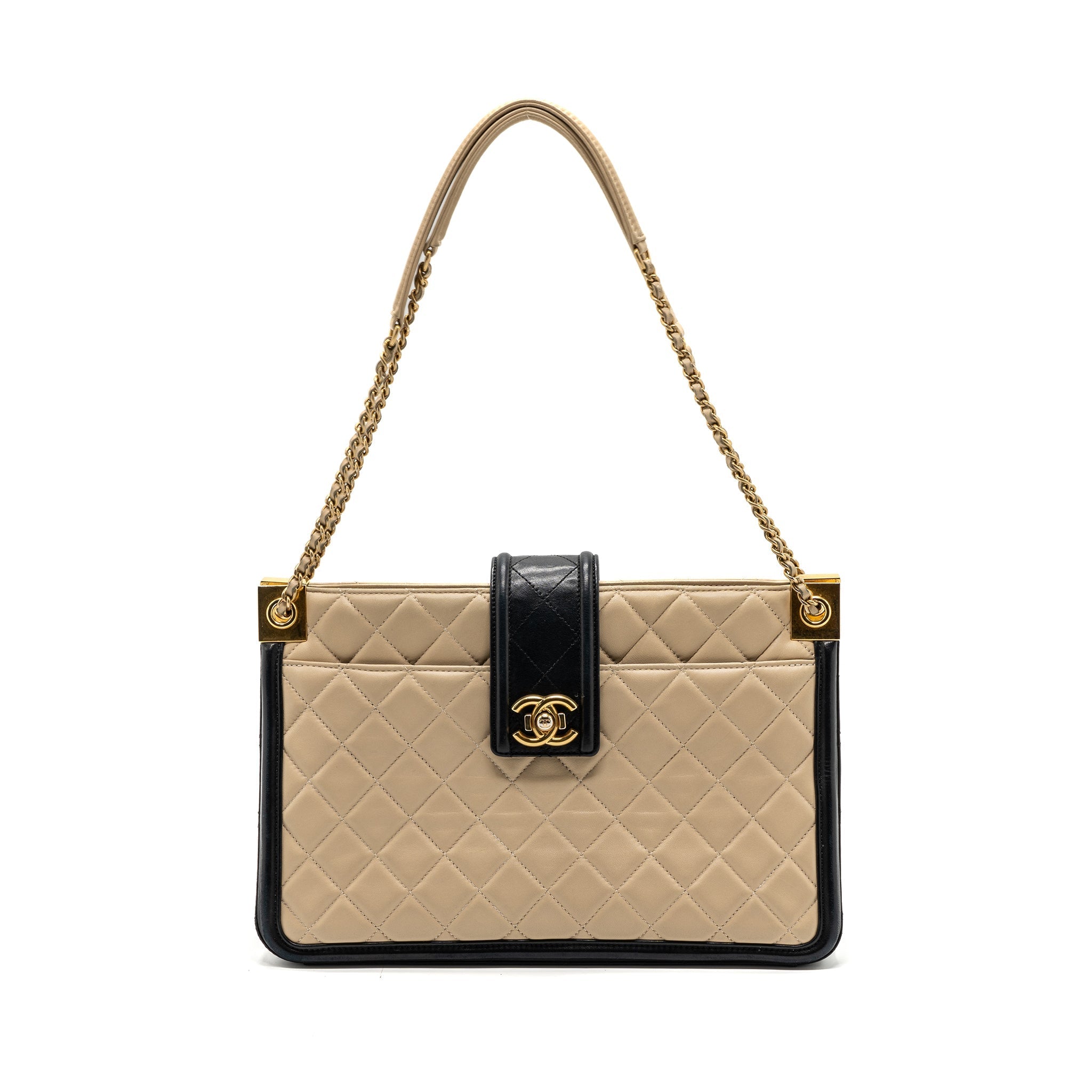 Chanel Quilted small shopping tote bag lambskin beige / black