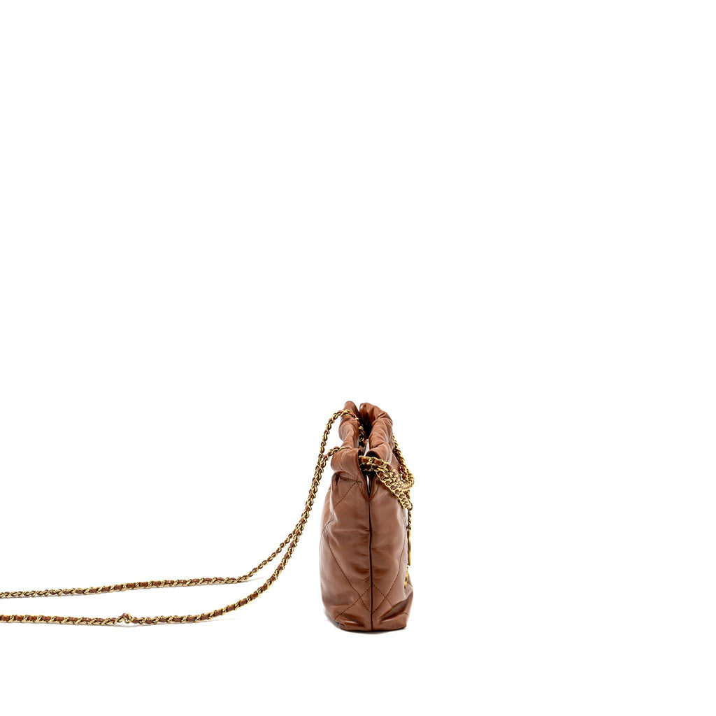 Chanel Mini 22 Bag Shiny Calfskin Dark Beige  (microchip)