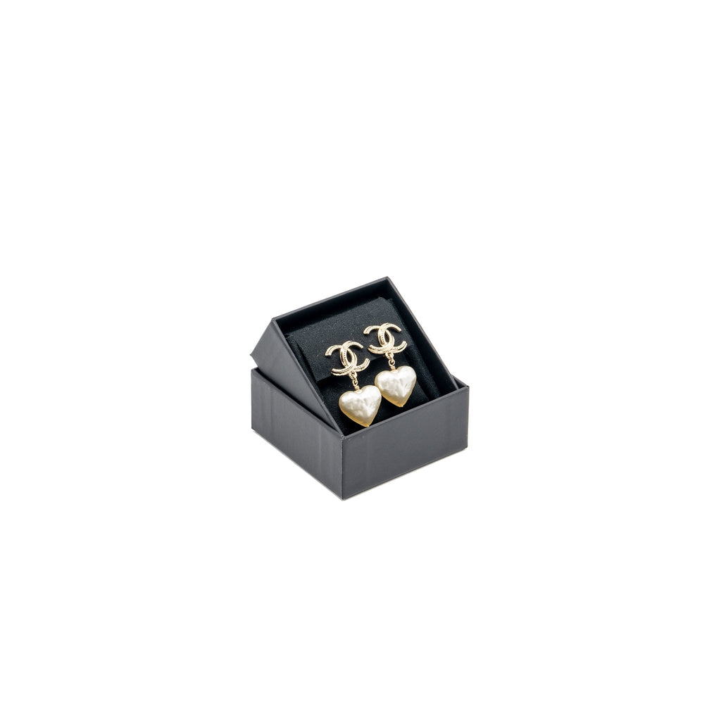 Chanel CC Logo Heart Drop Earclips Light Gold Tone