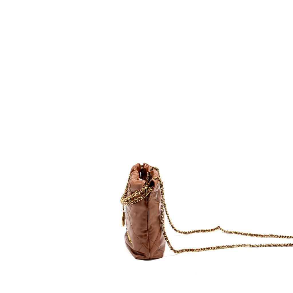 Chanel Mini 22 Bag Shiny Calfskin Dark Beige  (microchip)
