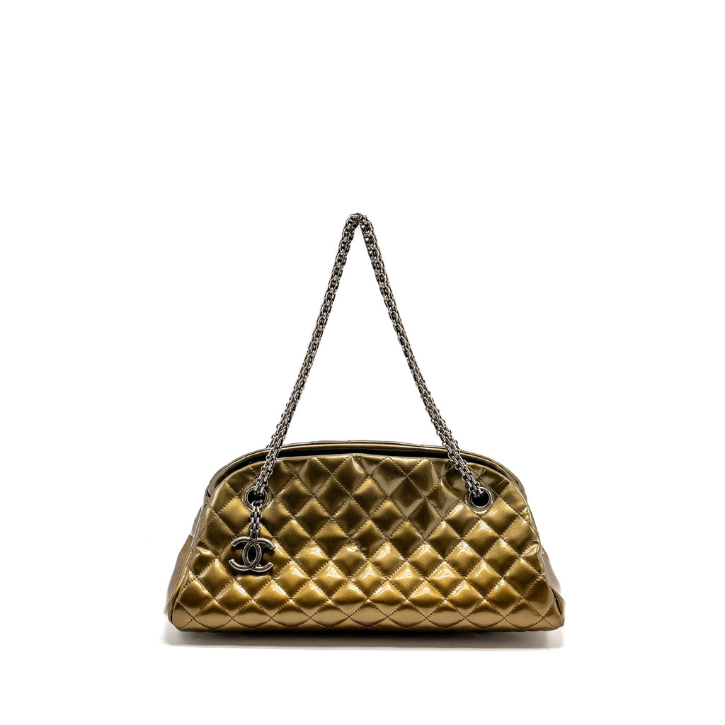 Chanel Just Mademoiselle Bowling Bag Patent Metallic Gold / Silver